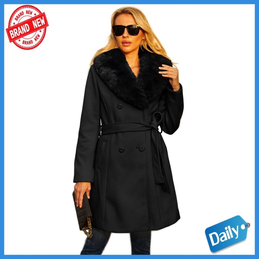 Long Faux Leather Pea Coat Winter Trench Double Breasted Wrap Coat